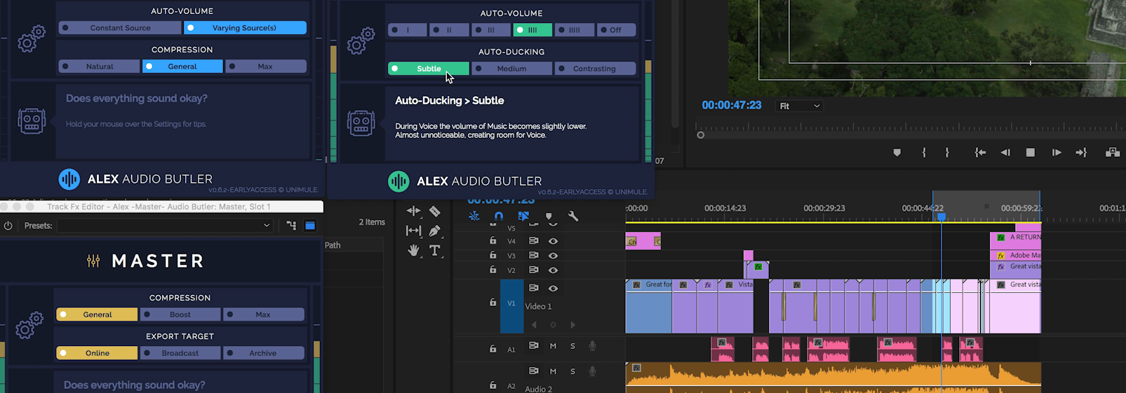 Alex Audio Butler - Early Access - in use in an Adobe Premiere Pro CC example project.